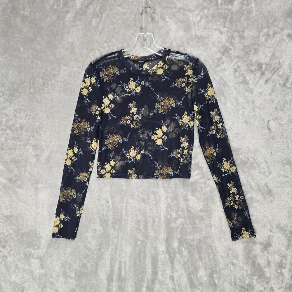 F21 Mesh Top Women L Black Floral Sheer Cropped Grunge Fairy Indie‎ Festival Y2K